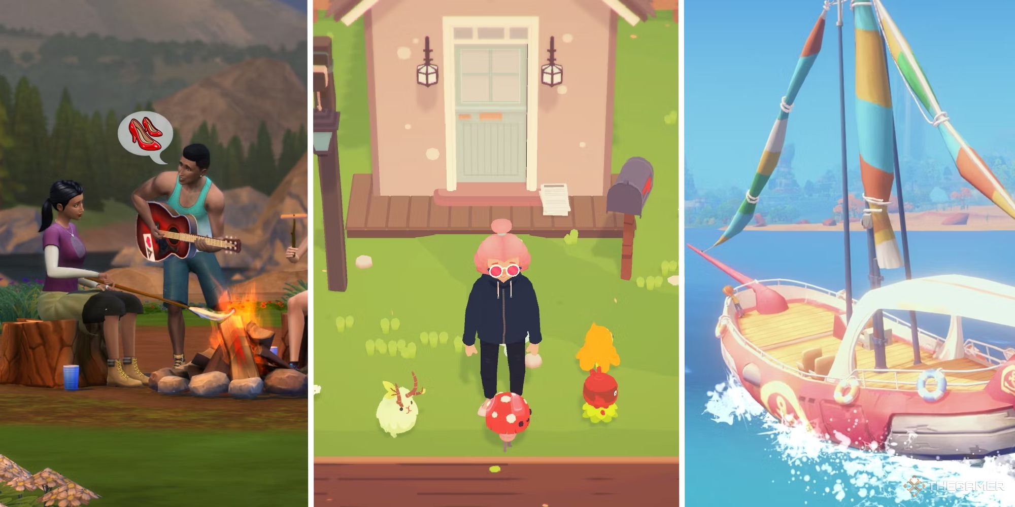 split image showing the sims, ooblets, and my time at portia