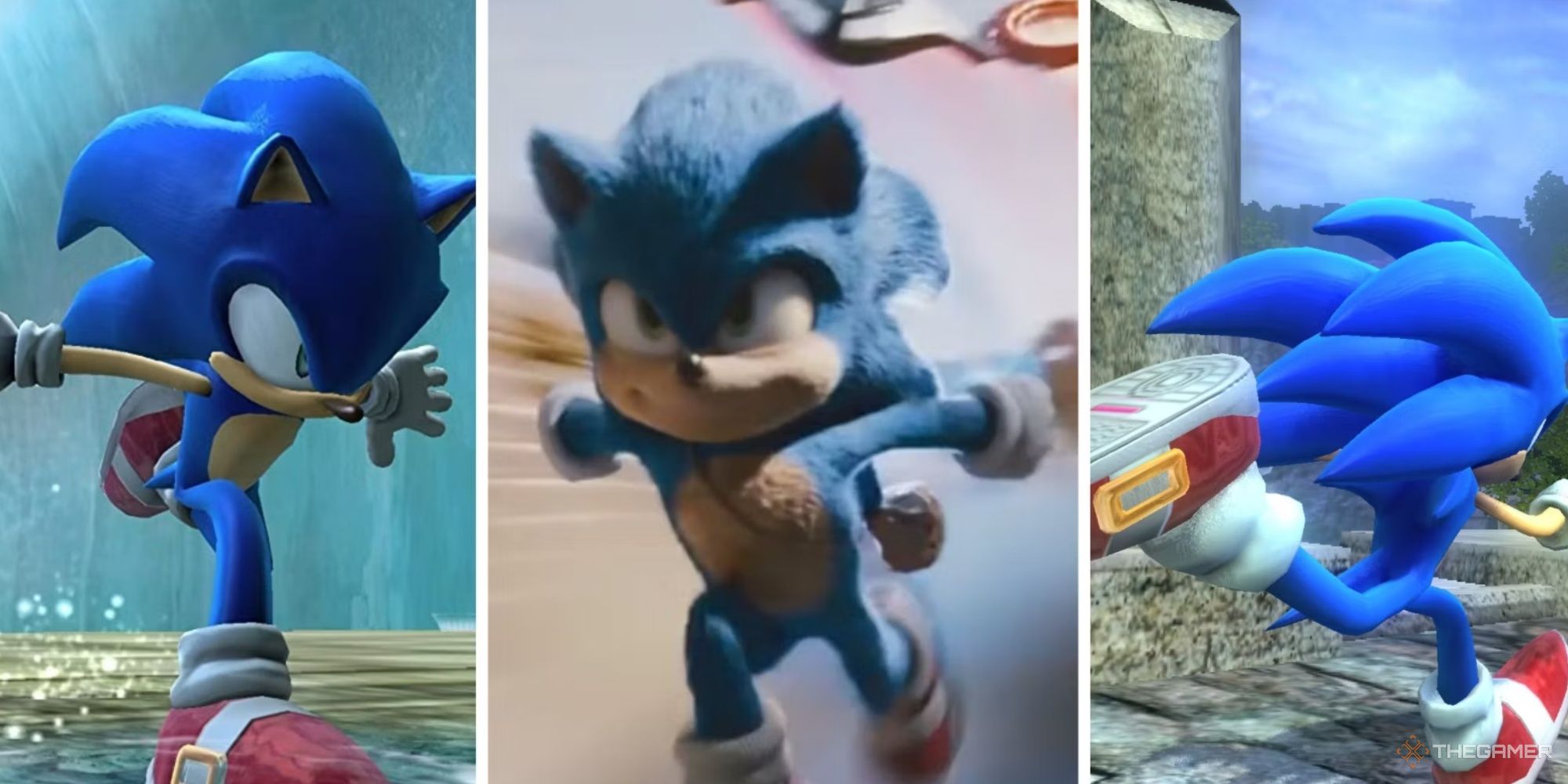 Split images  of Sonic the Hedgehog across various games