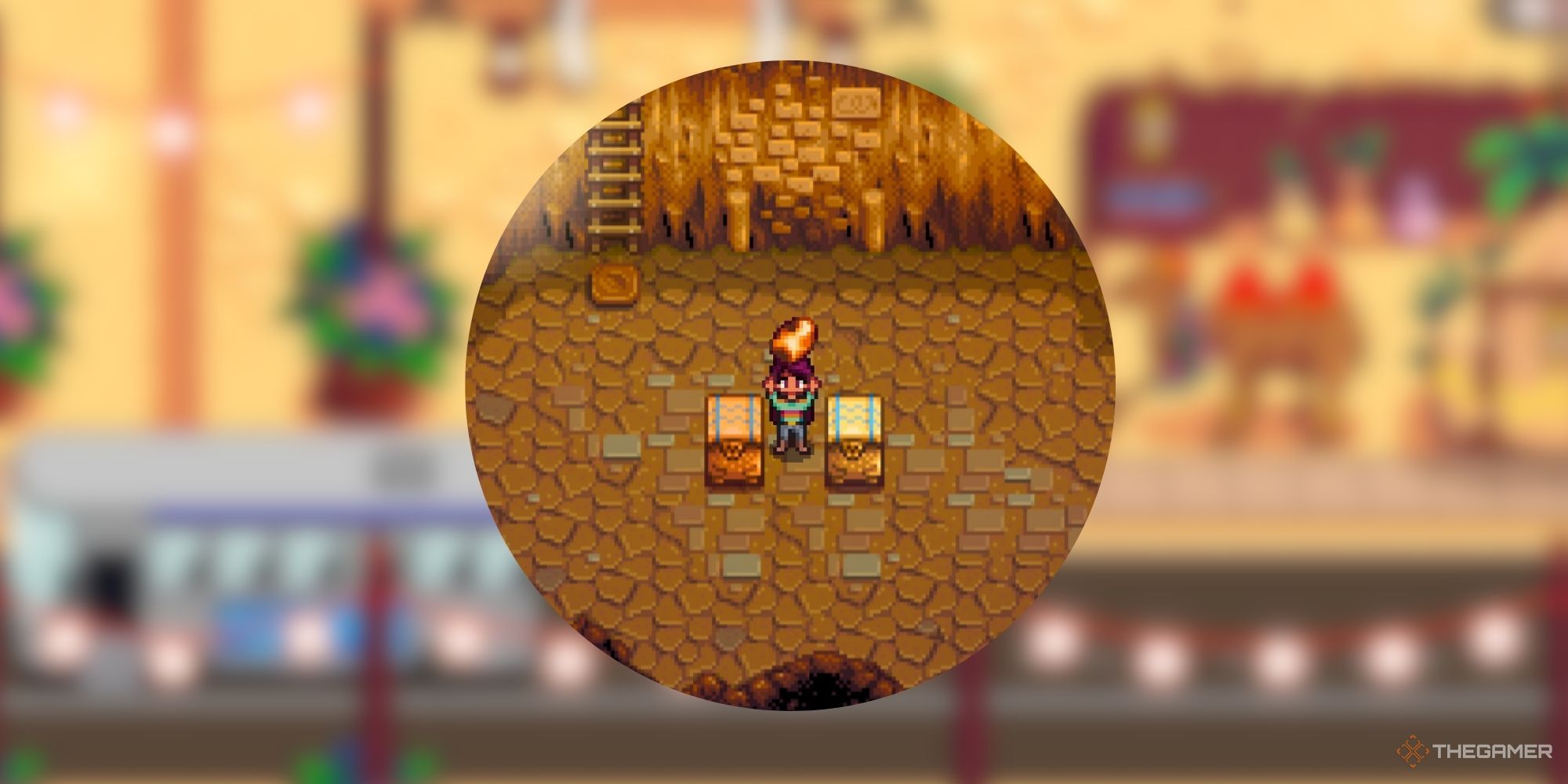 Stardew Valley Farmer Holding Up Calico Egg in the Skull Cavern, over a blurred background