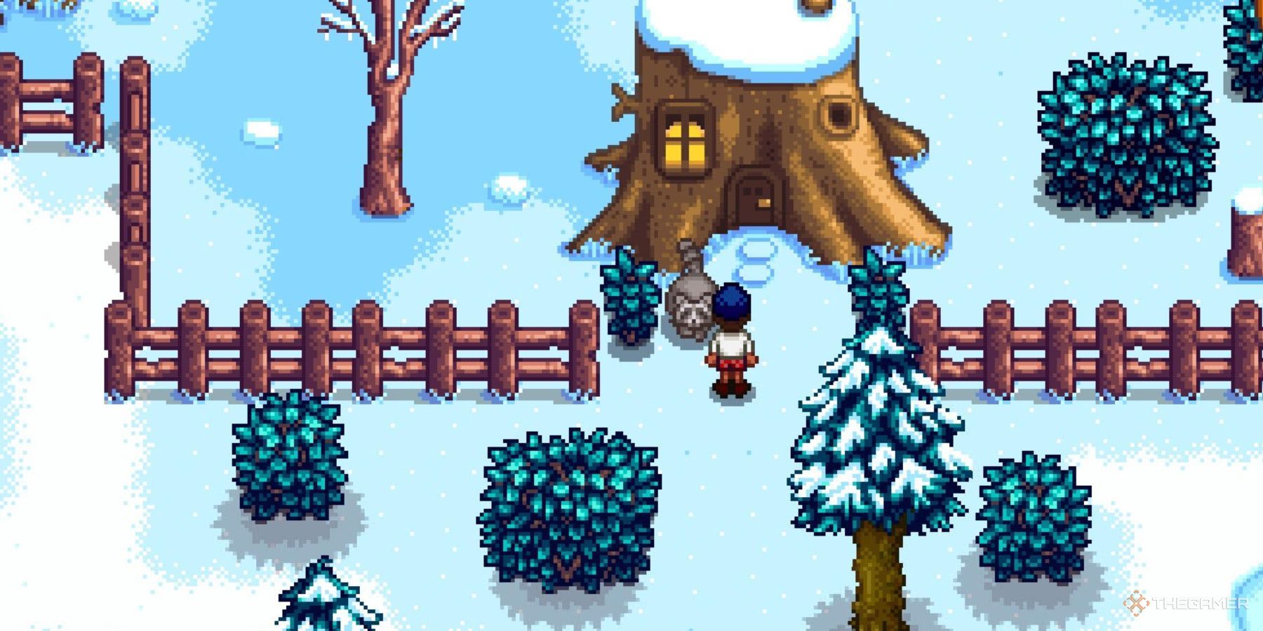 A character stands in front of the Raccoon Shop in Stardew Valley.