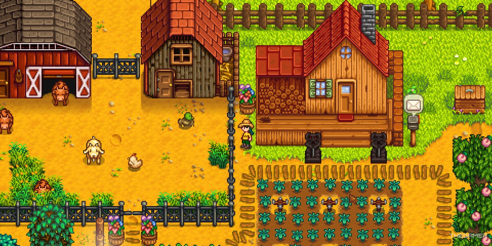 A character stands near a coop in Stardew Valley, observing the animals.