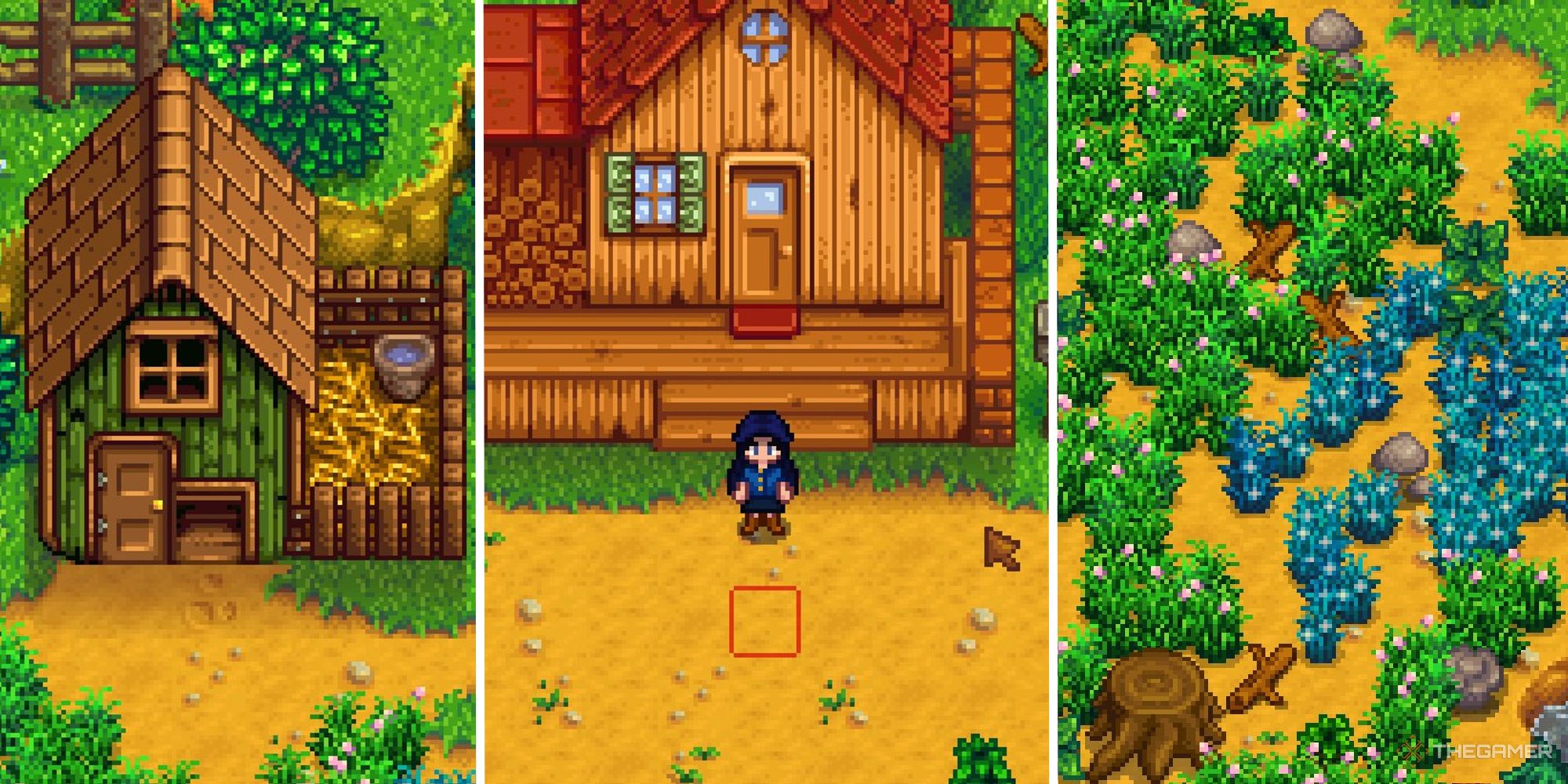 stardew valley meadowlands farm split image showing coop, farmhouse, and blue grass