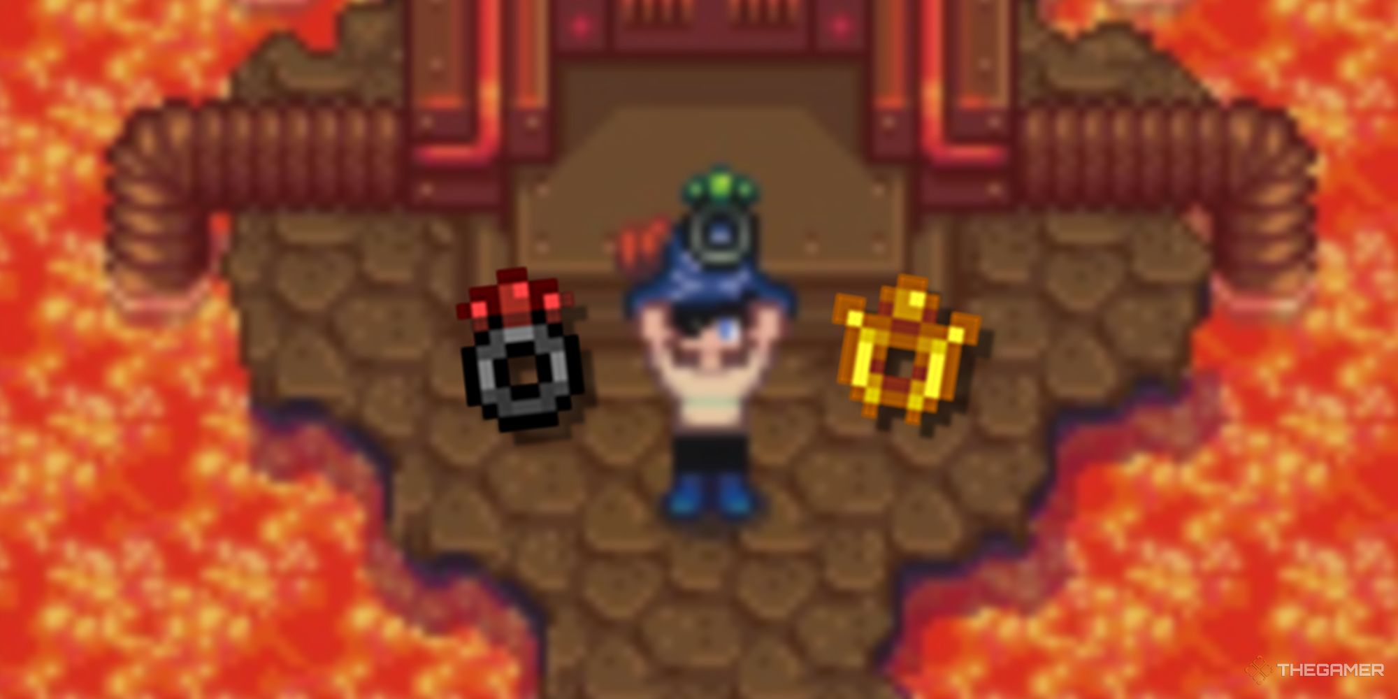 stardew valley player at volcano forge blurry, with 2 pngs of rings over the image