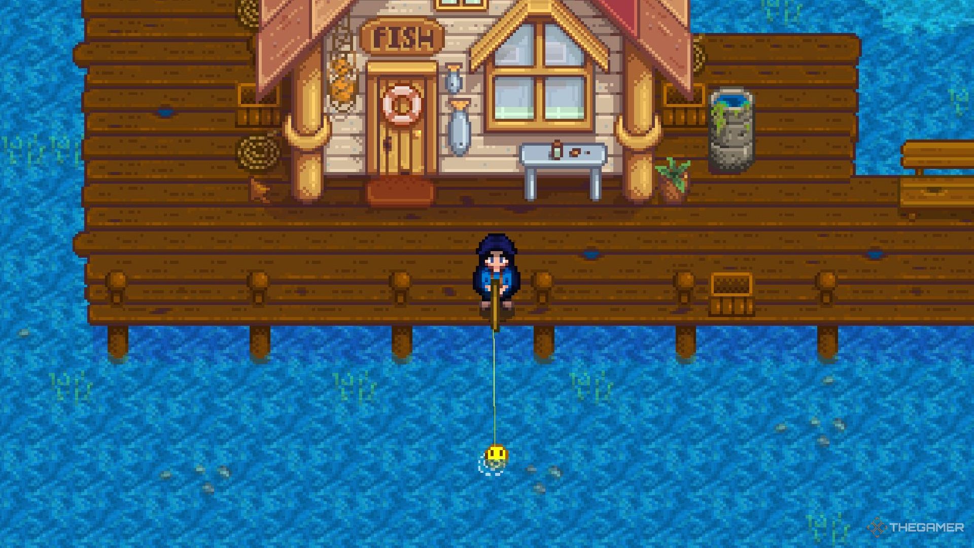 stardew valley player fishing with smiley face bobber and no UI