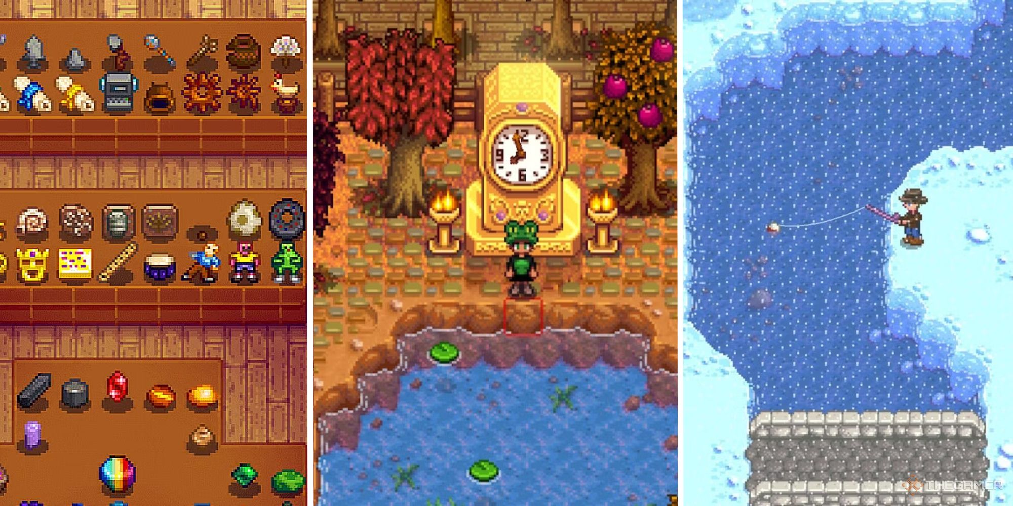 stardew valley split image showing museum. gold clock, and player fishing