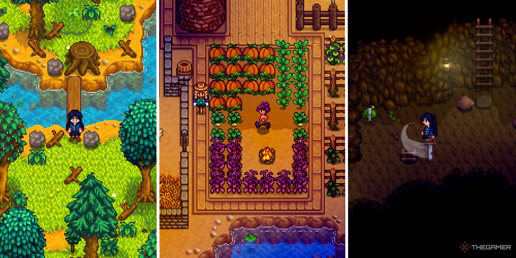 stardew valley split image showing player in farm debris, player in evening near crops, and player slaying a slime