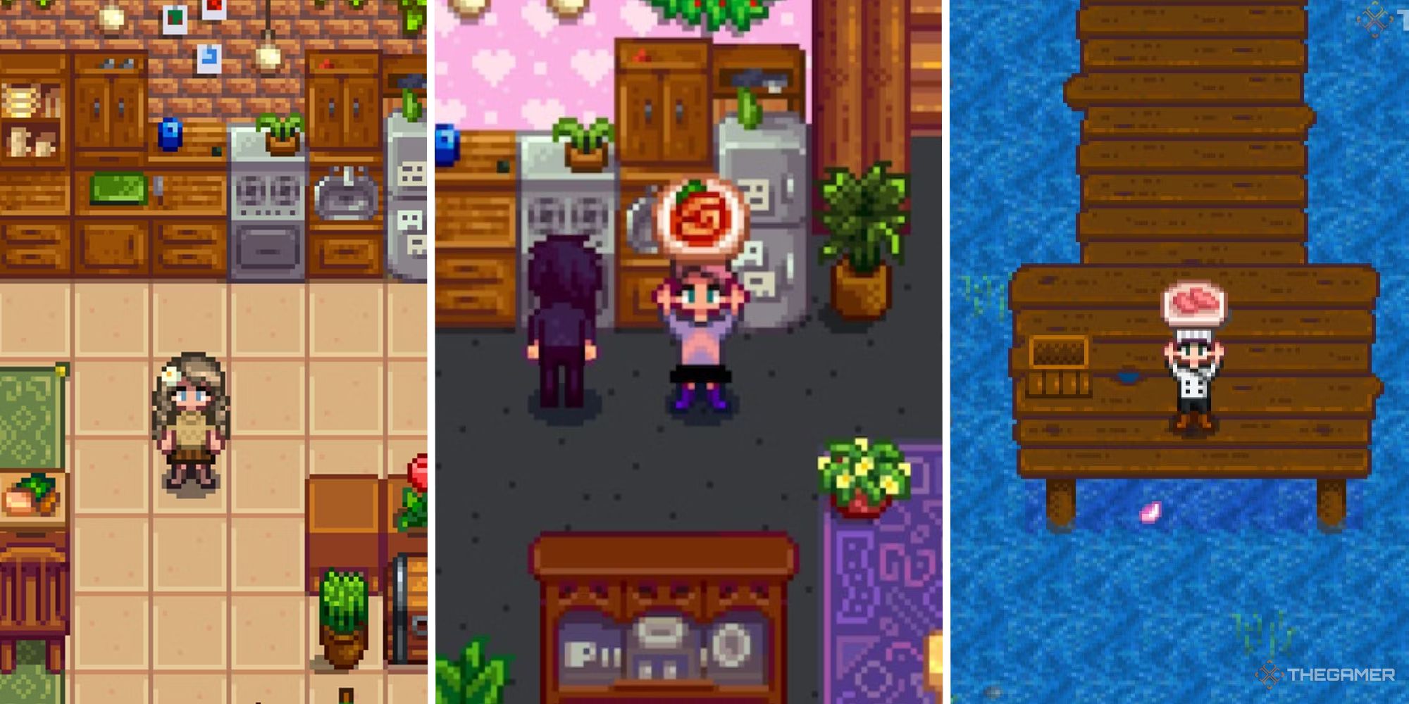 stardew valley split image showing player in kitchen, next to two images of people holding dish