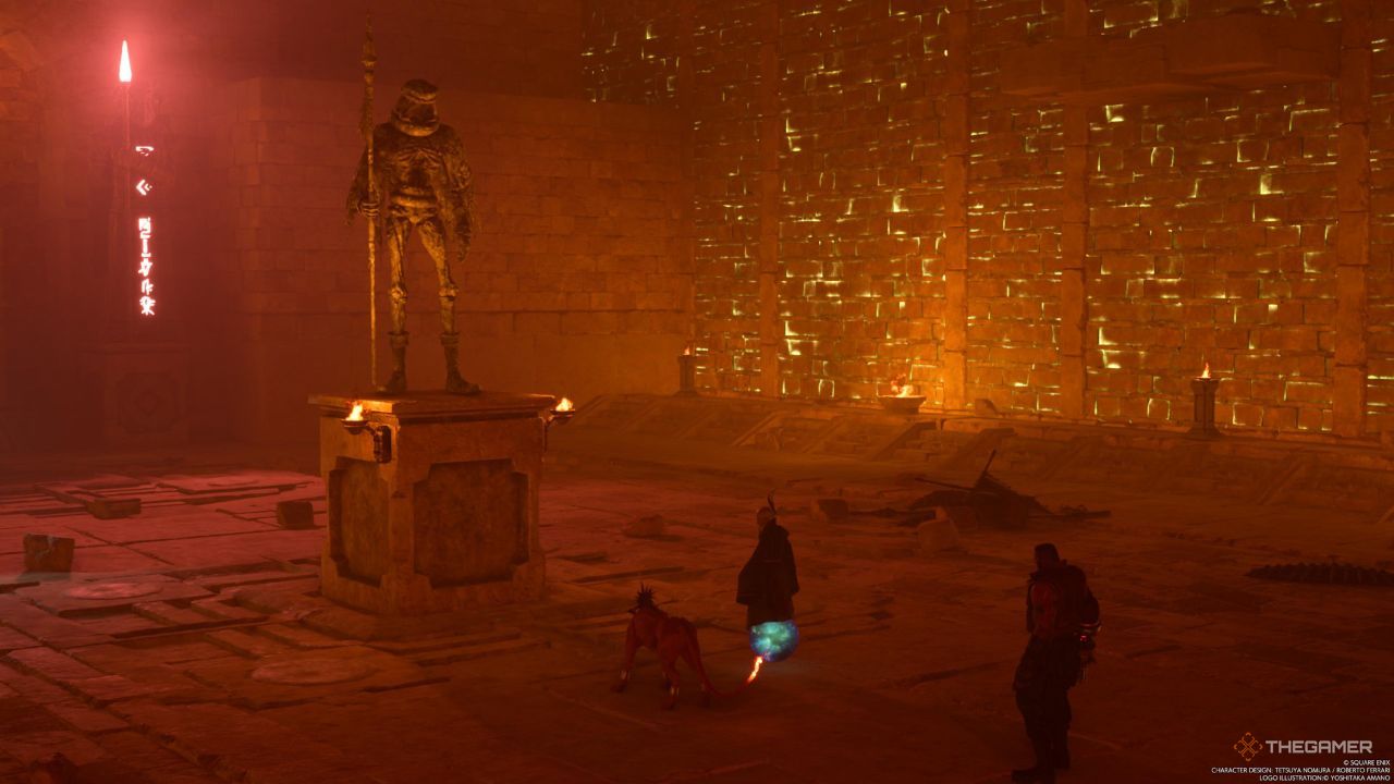 Red XIII, Bugenhagen, and Barret standing before a giant statue of a Gi in Final Fantasy 7 Rebirth.