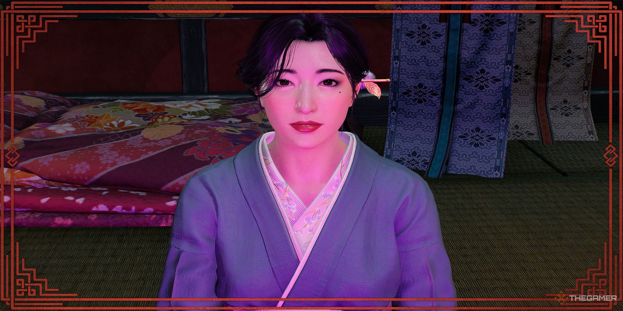 Taka Murayama sits inside a backroom of the Miyozaki Pleasure District, bathed in a purple light, in Rise Of The Ronin.
