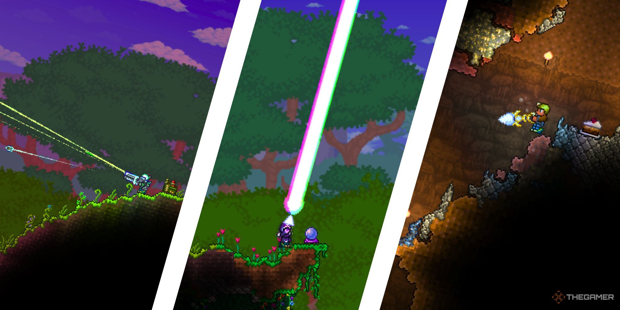 A diagonally split image showing green bullets being fired, a prismatic energy beam shot into the sky, and a miner in a cave with a glowing drill.