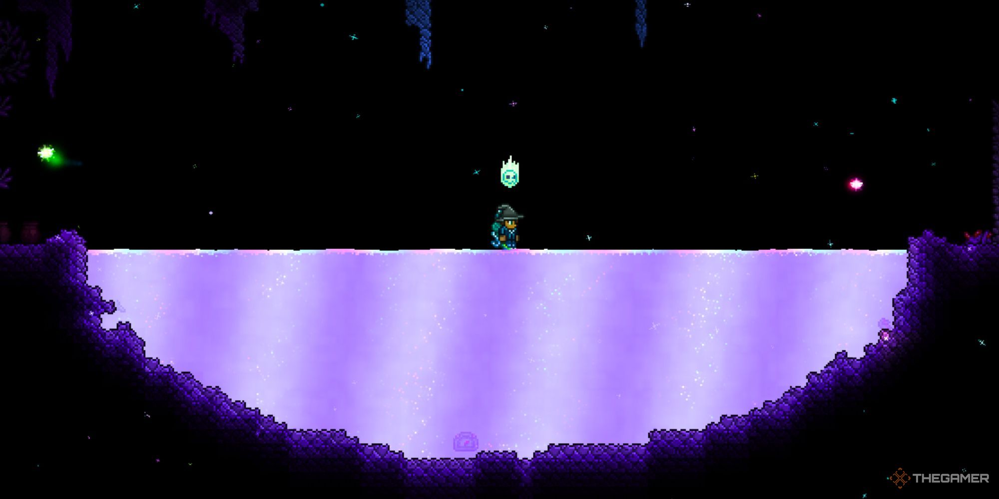A player with a wizard hat standing atop a gigantic pool of purple-white Shimmer.