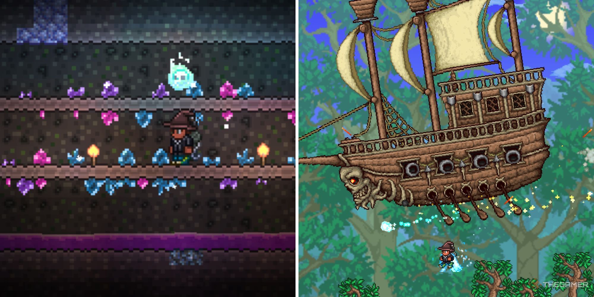 A split image of a flying, wood pirate ship with cannons, and a player underground surrounded by shiny, blue, purple, and pink crystals.
