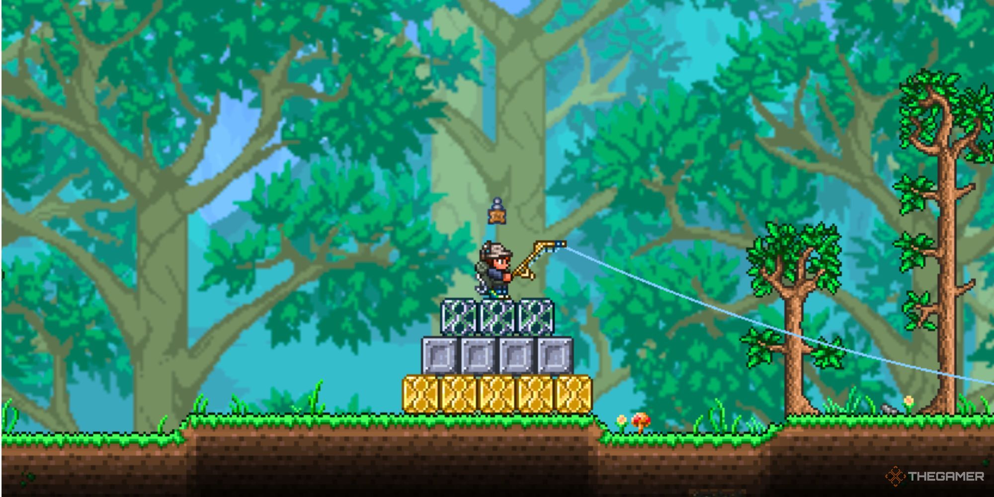 A player casting a golden fishing rod from atop various, stacked iron, gold, and titanium fishing crates.