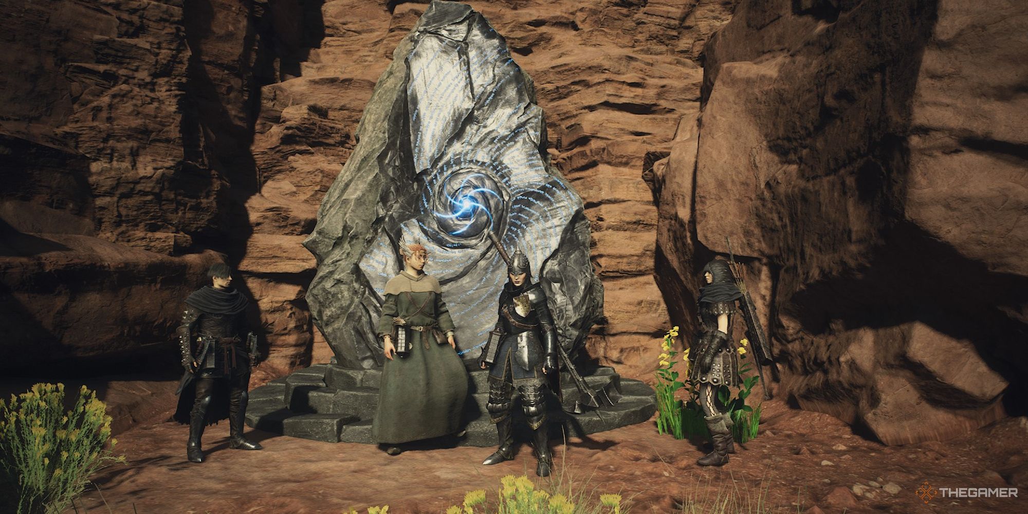 The Arisen and three pawns in front of a Rift Stone in Dragon's Dogma 2. 