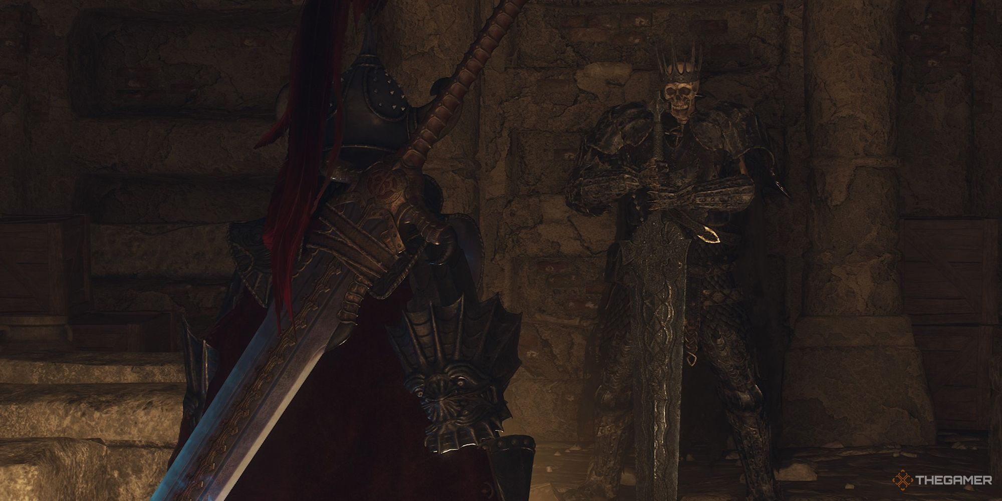 The Arisen standing in front of Skeleton Lord Ja'Nuwa in Dragon's Dogma 2.