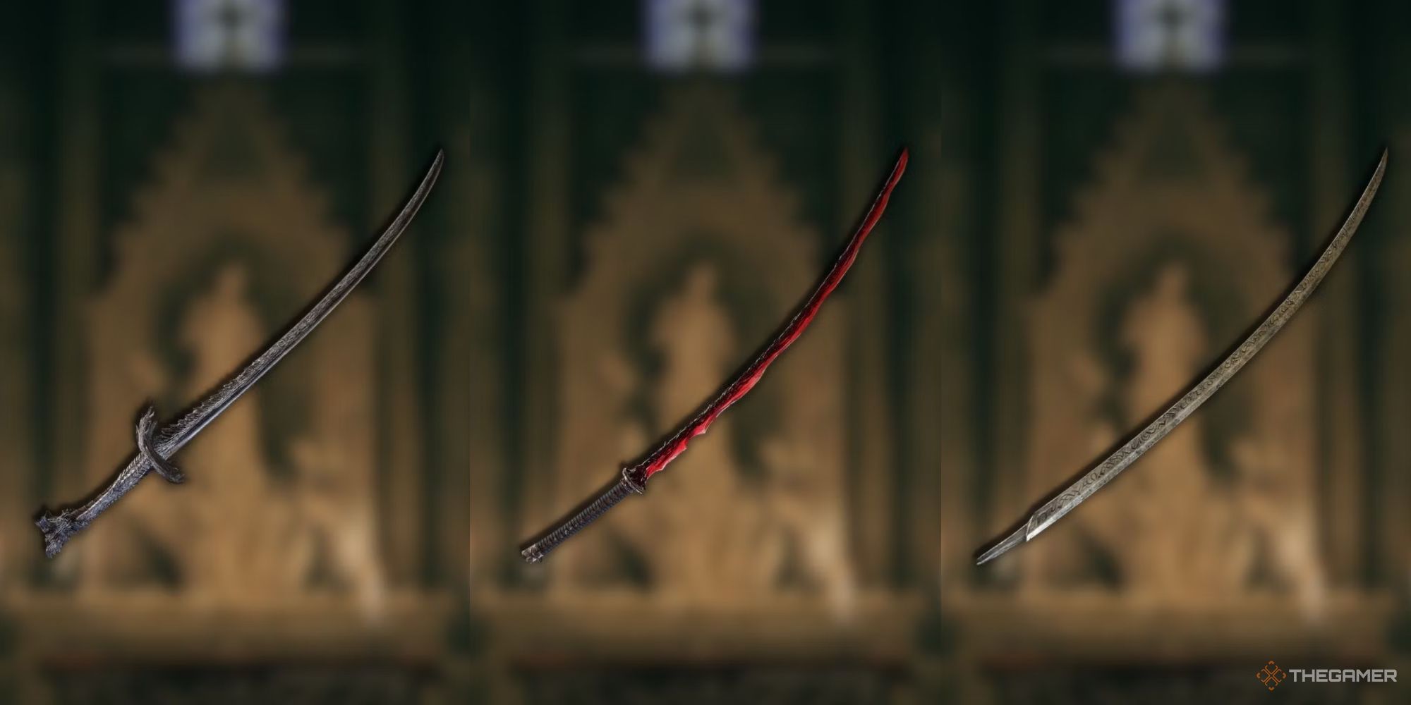 A split image of Rivers of Blood, Hand of Malenia, and Dragonscale Blade In Elden Ring