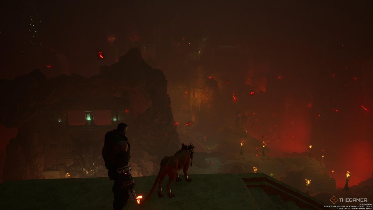 Red XIII and Barret standing on the staircase above the Chamber of Sacrifice in Final Fantasy 7 Rebirth.