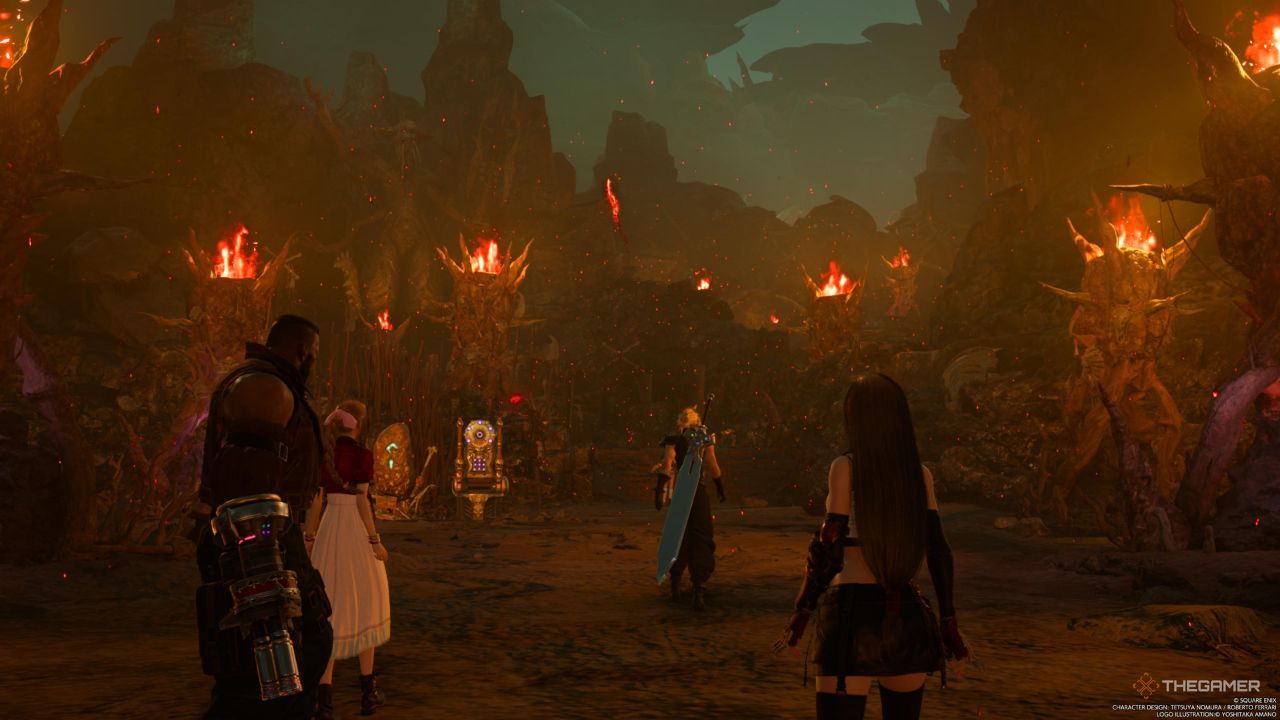 Cloud, Tifa, Aerith, and Barret at the foot of Gi Village in Final Fantasy 7 Rebirth.