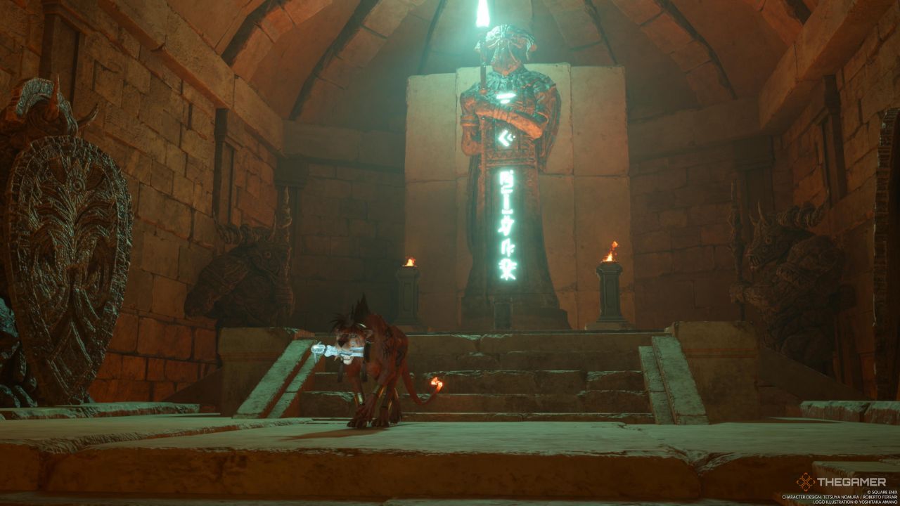 A player carrying the green artifact away from the glowing statue in Final Fantasy 7 Rebirth.