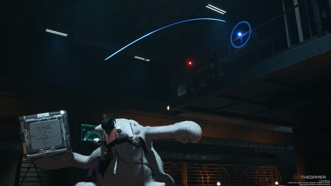 A player throwing a box onto the lift in the Materials Storage room in Final Fantasy 7 Rebirth.