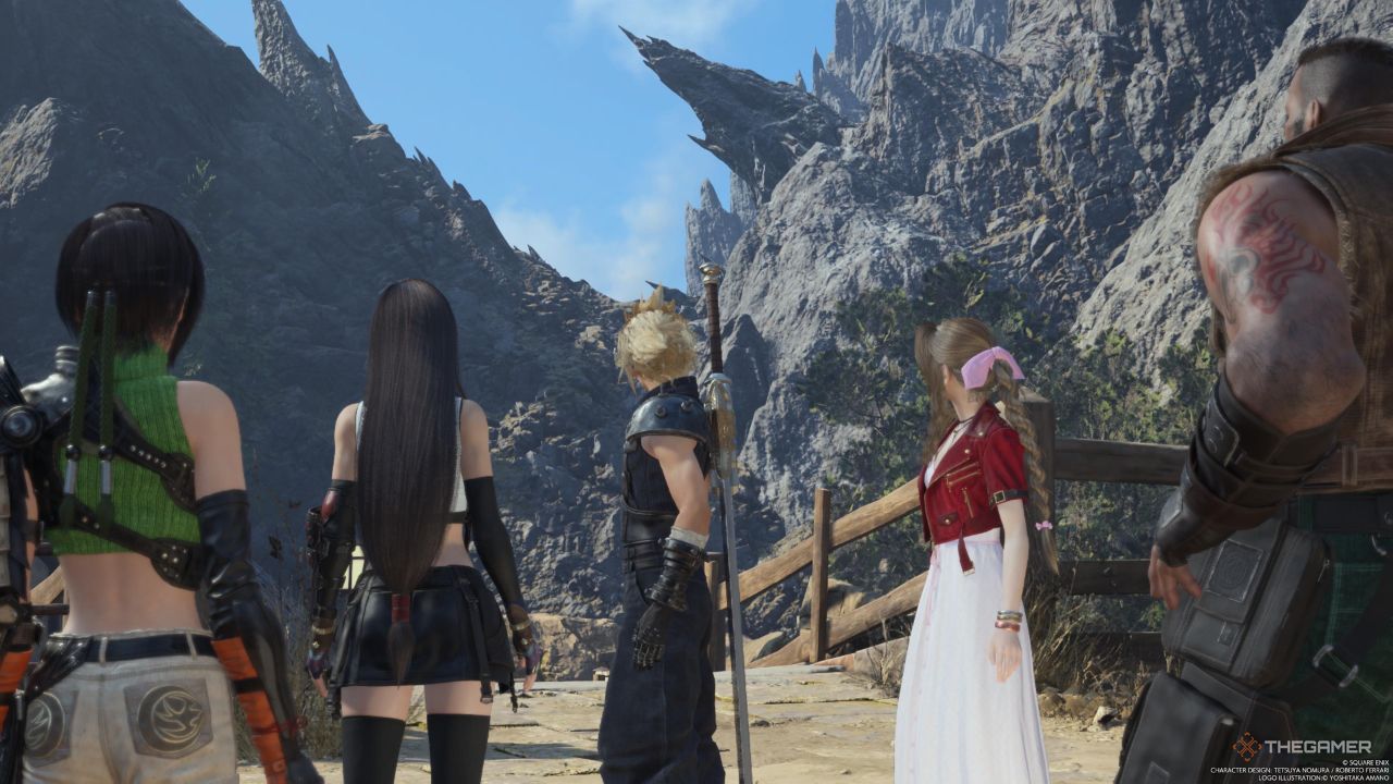 The party looking off at the smoke signal as they prepare to leave Nibelheim The Forgotten Specimen in its red, magic resisting form in Final Fantasy 7 Rebirth.