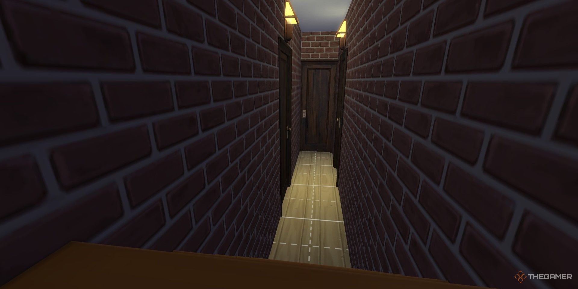 The Sims 4 downstairs hallway in a dimly lit brick basement.