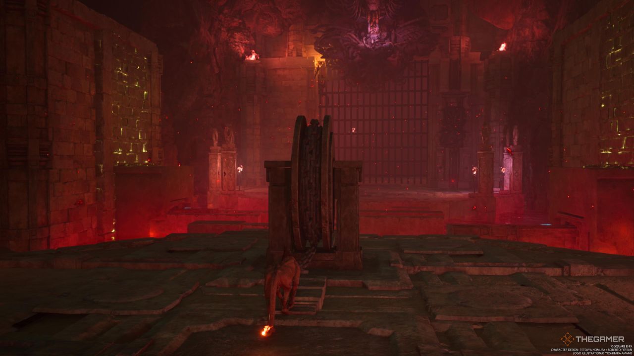 A player pulling on the chain in front of the third gate in Final Fantasy 7 Rebirth.