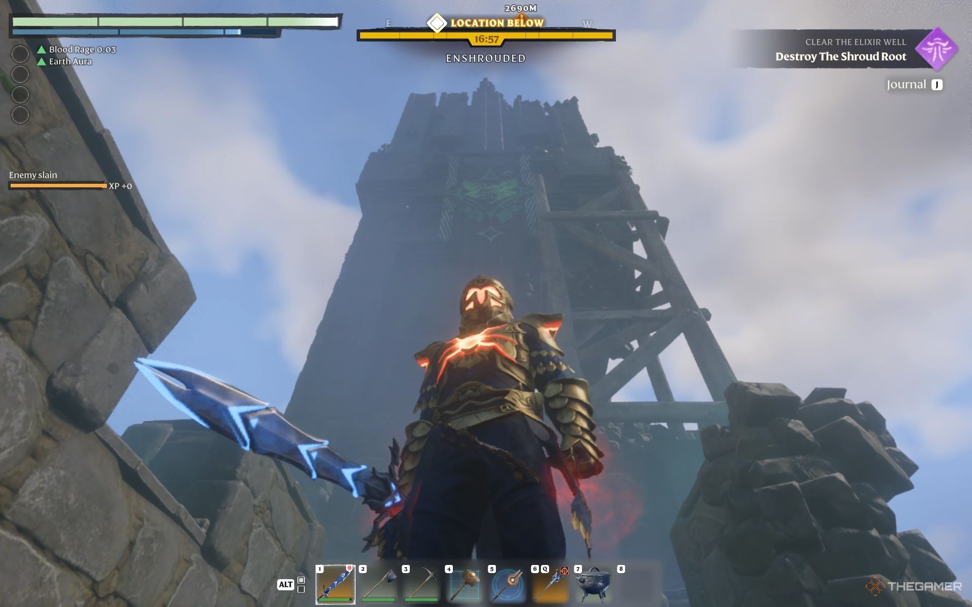 The tower in Shanty Shacks containing The Guard of the North armor piece in Enshrouded