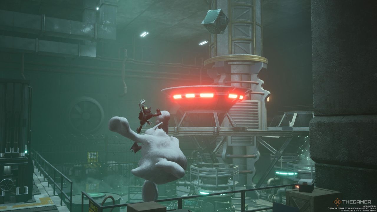 A player throwing a box at the basket spinning around the Mako pumps in Final Fantasy 7 Rebirth.