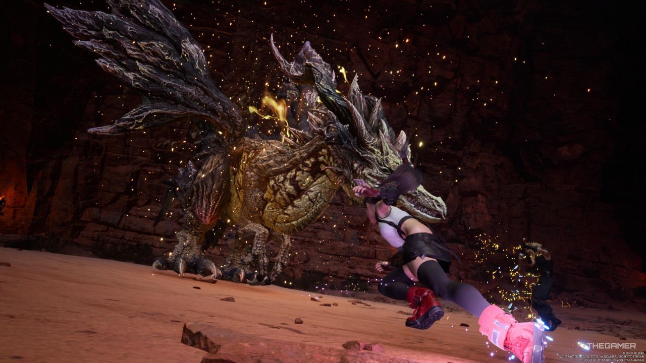 Tifa preparing to use her Somersault Limit Break on the Jabberwock in Final Fantasy 7 Rebirth.