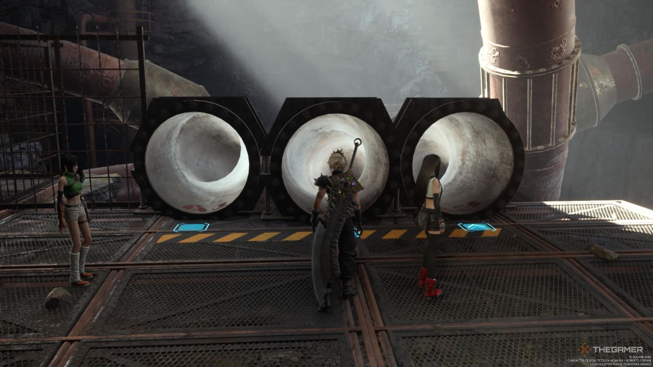Three concrete tubes to slide down in the Mako Distribution Plant in Final Fantasy 7 Rebirth.