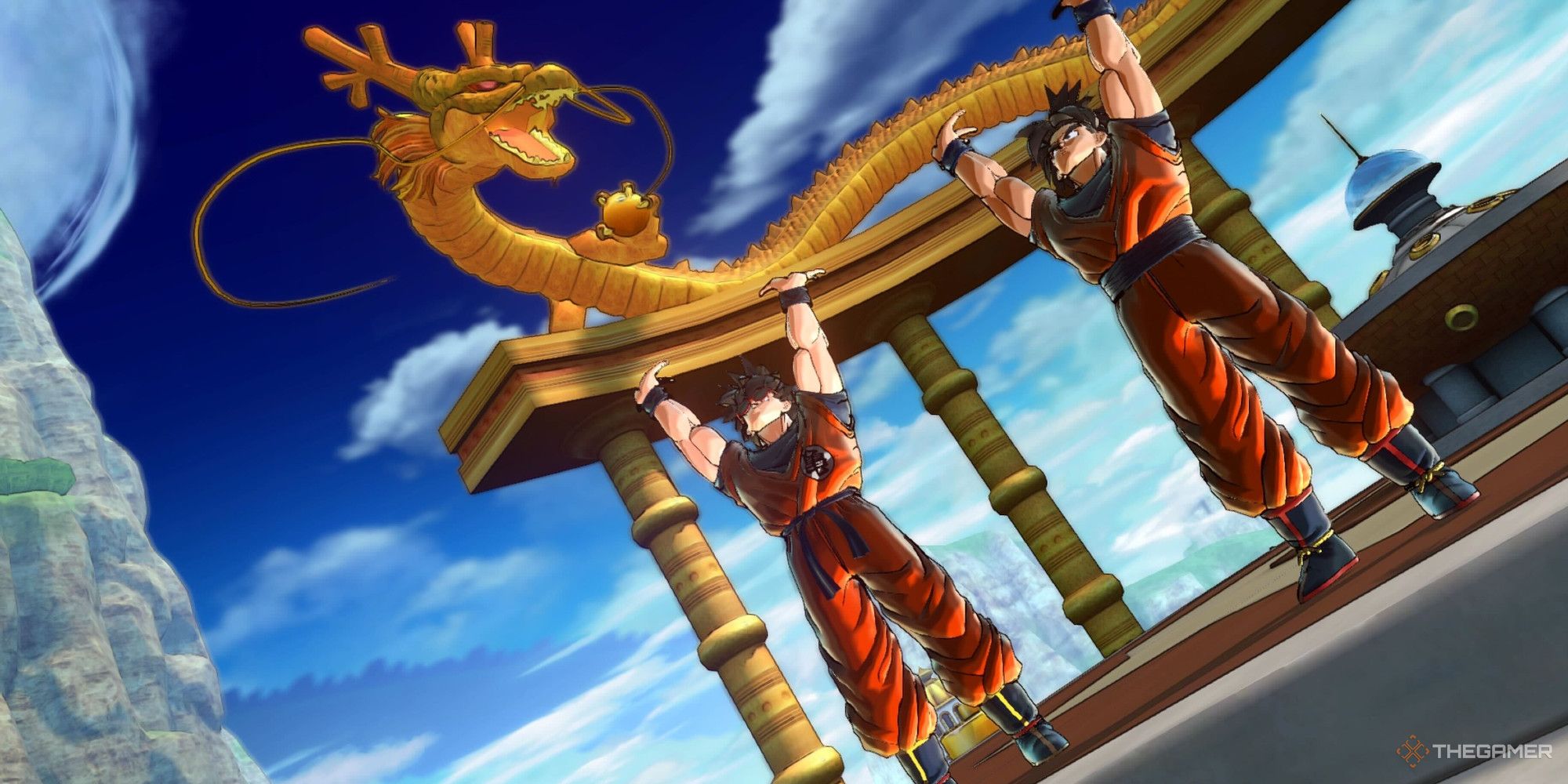 Two players in Dragon Ball Xenoverse 2 with their hands raised in the air next to a pedestal and large dragon statue