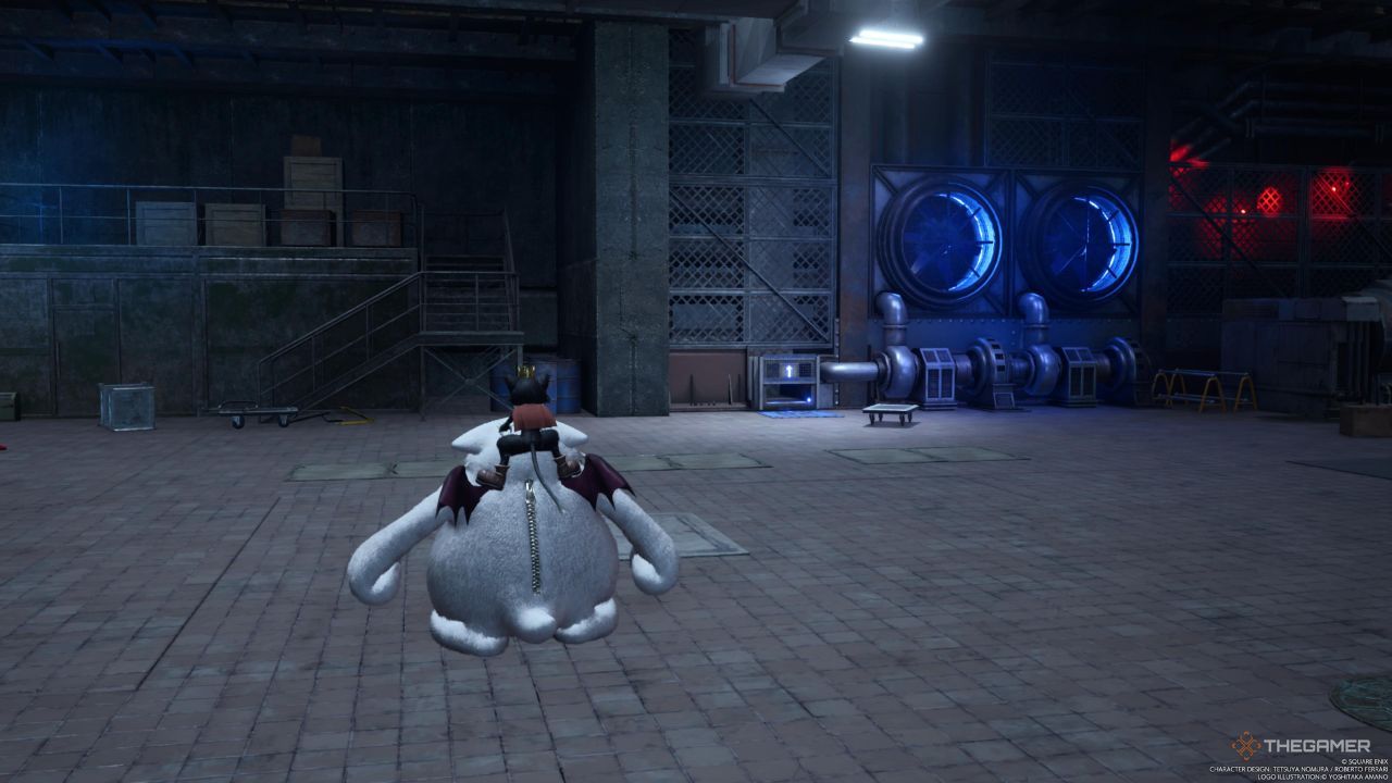 An open vent on the left of the blue fans in the Ventilation Control Room in Final Fantasy 7 Rebirth.