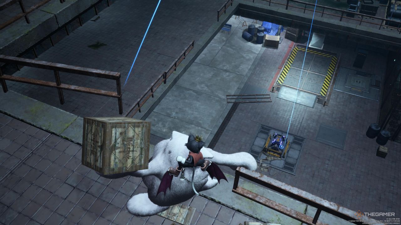 A player throwing a crate down to the first floor of the Ventilation Control room to hit the switch in Final Fantasy 7 Rebirth.