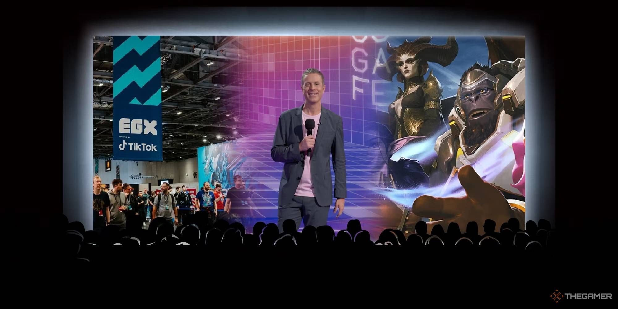 silhouette of a crowd watching Geoff Keighley at Summer Game Fest 2023 with BlizzCon 2023 to the right and EGX 2023 to the left