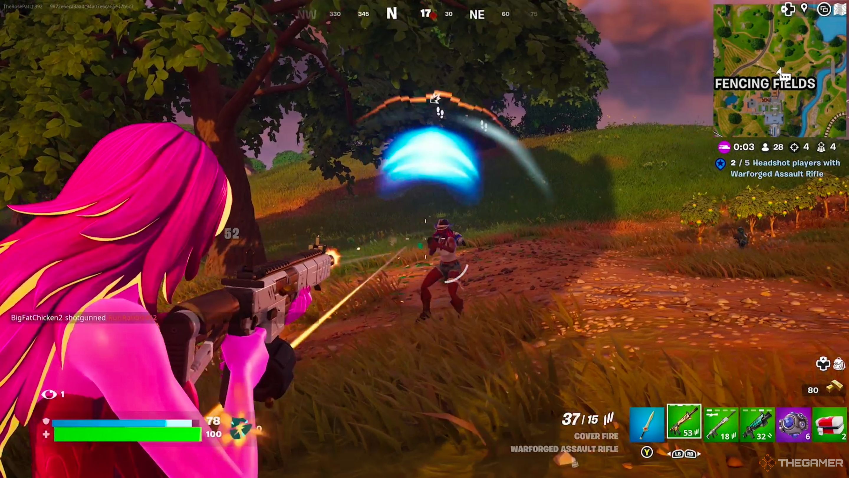 Getting a headshot with the Warforged AR in Fortnite Chapter 5 Season 2.