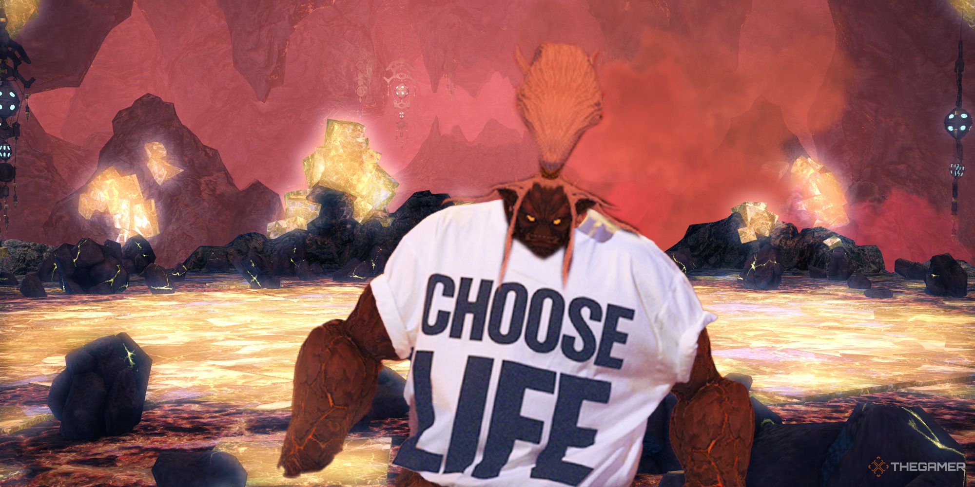 Titan from Final Fantasy 14 wearing Wham's 'Choose Life' t-shirt.