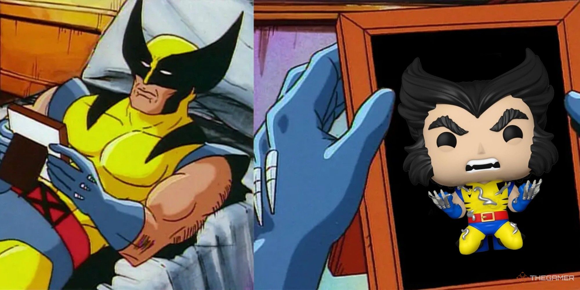 wolverine looking at a photo of his fatal attraction funko pop