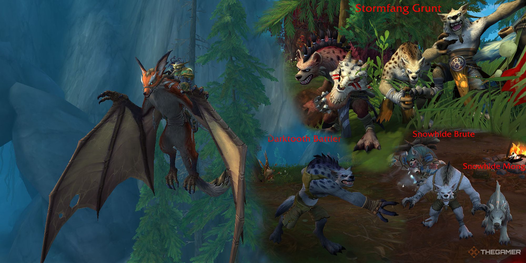The Temperamental Skyclaw mount (left) and aggressive-looking Gnolls (right)