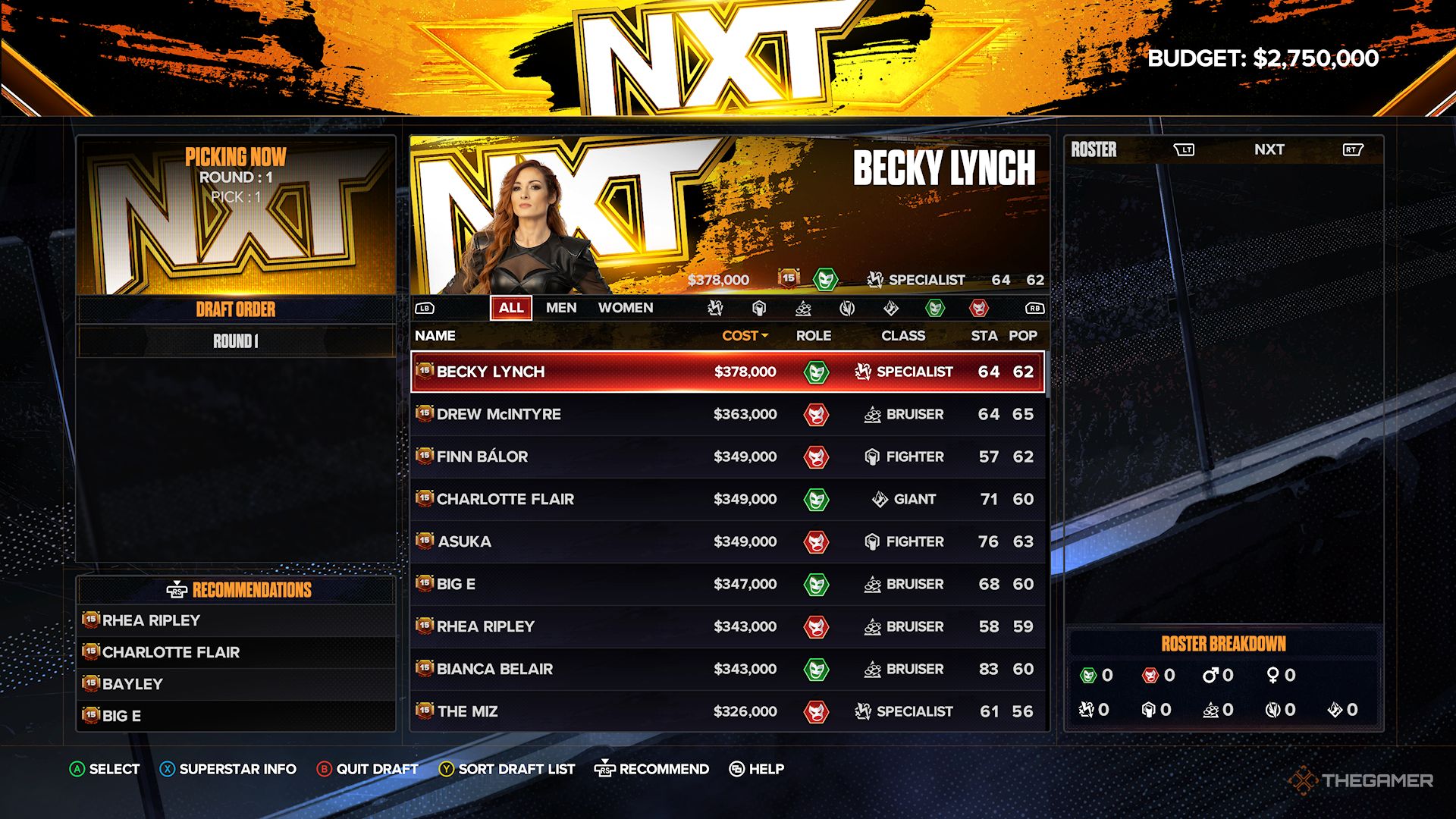 WWE 2K24 Screenshot Of MyGM Draft Screen