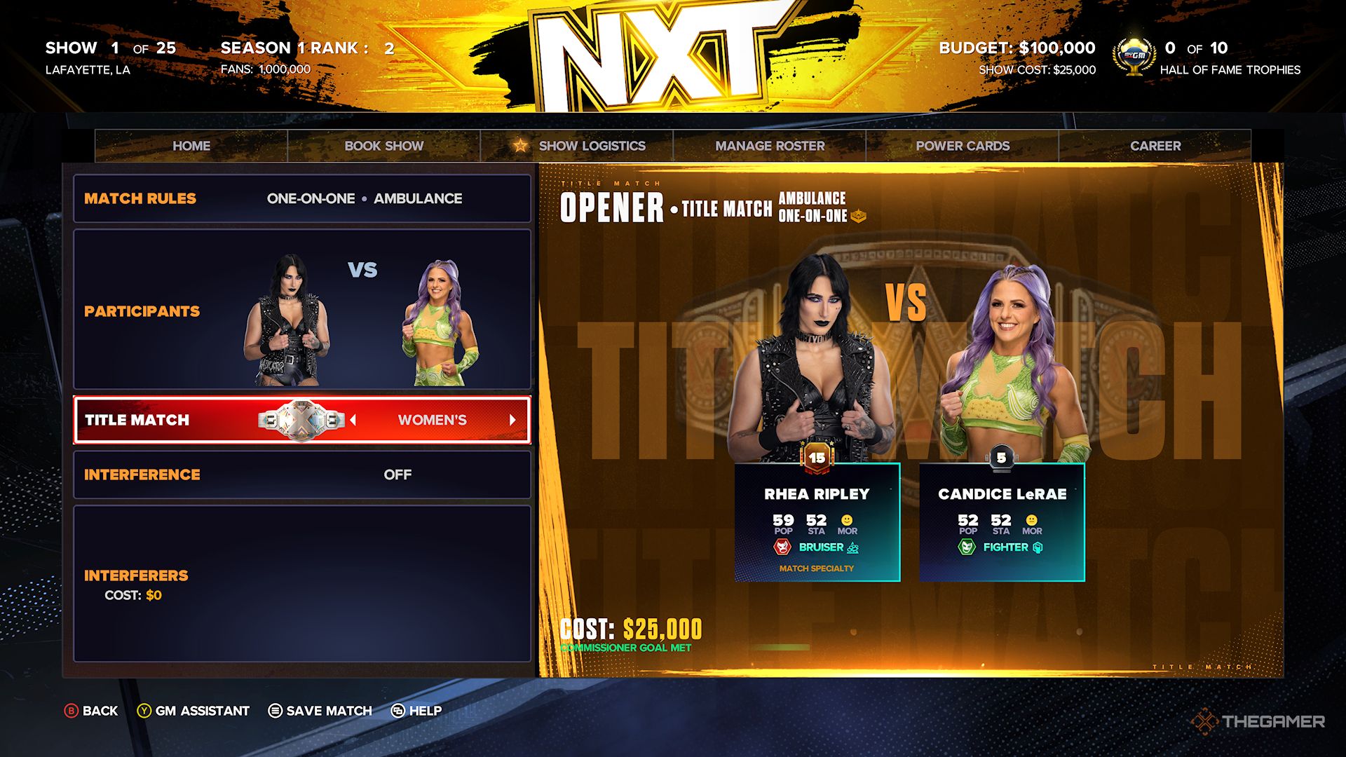 WWE 2K24 Screenshot Of Booked MyGM Match Between Rhea Ripley and Candice LeRae