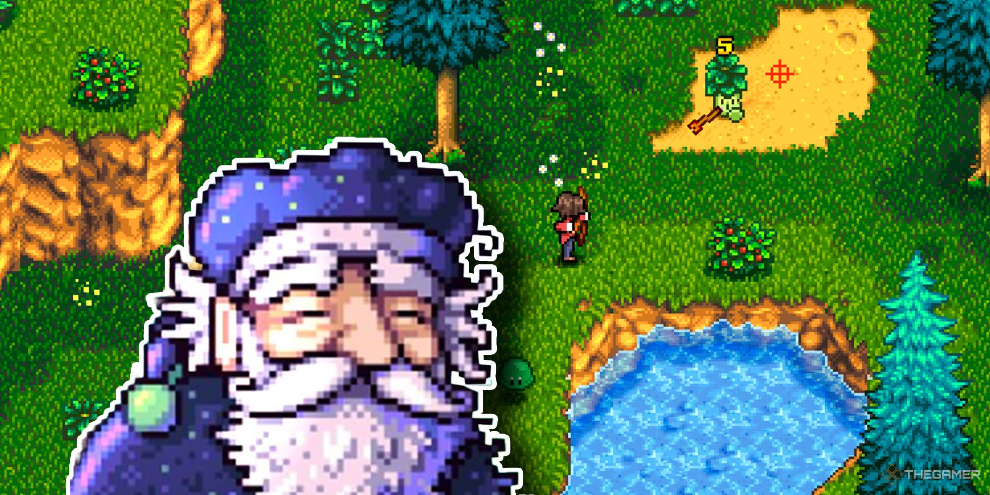 Stardew Valley in the background with an unnamed character from Haunted Chocolatier. The character wears a purple cap and robe, and has a long white beard and moustache