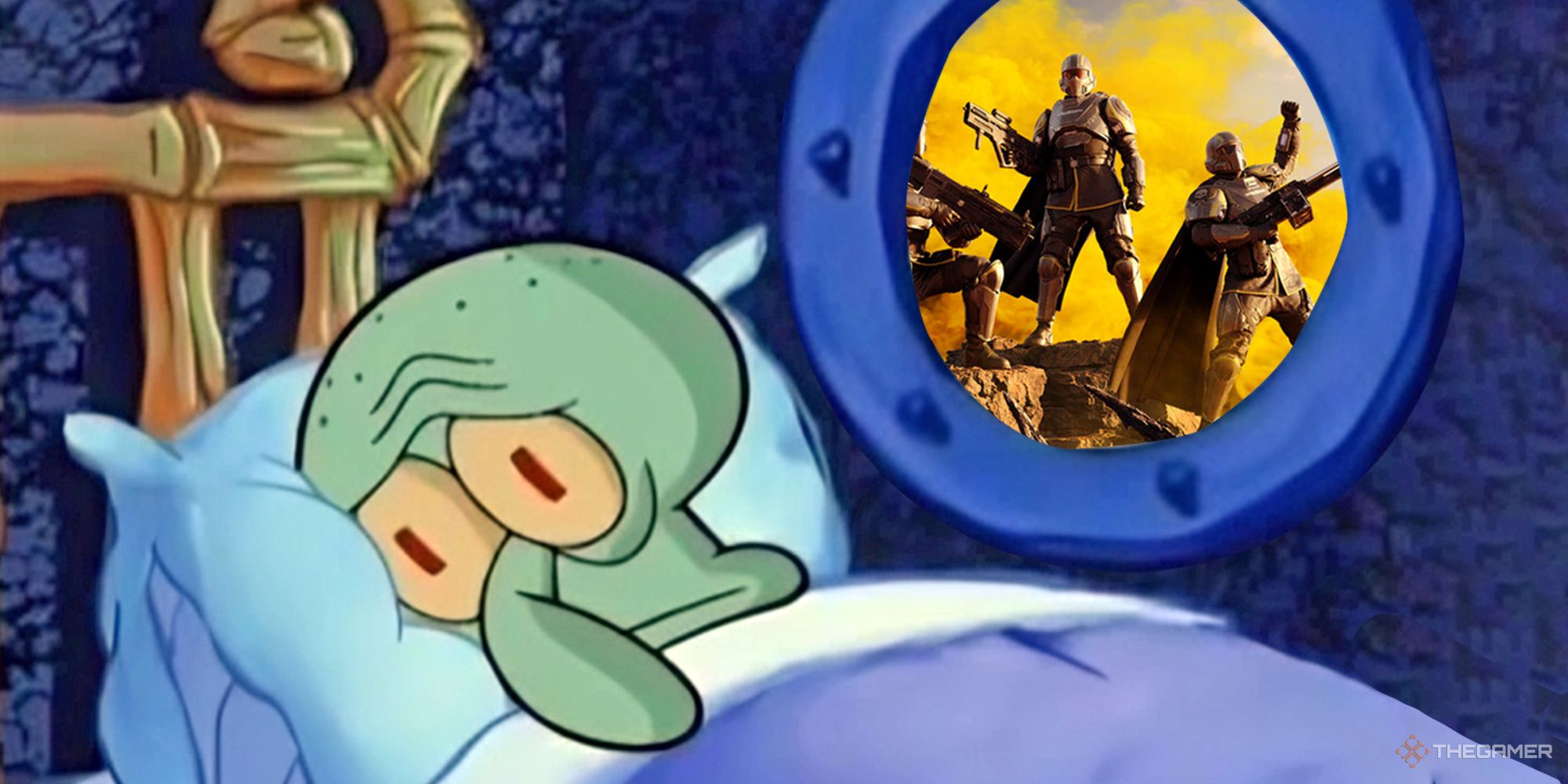 Squidward lies troubled in bed, facing away from a porthole through which you can see Helldivers cheering
