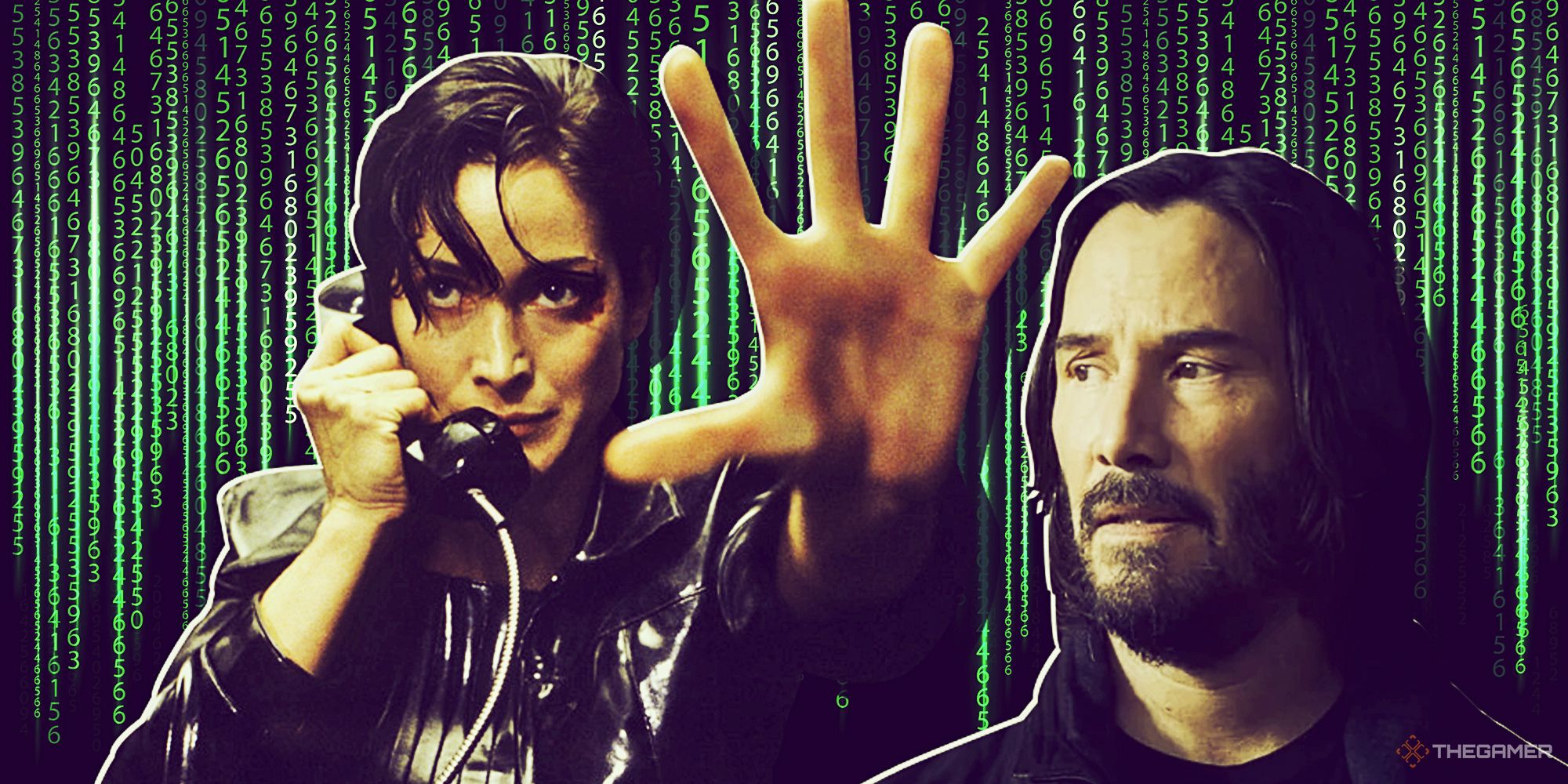 Trinity on the phone, holding her hand up in front of her. Keanu Reeves on the right. The background is the green strings of numbers from the Matrix movies