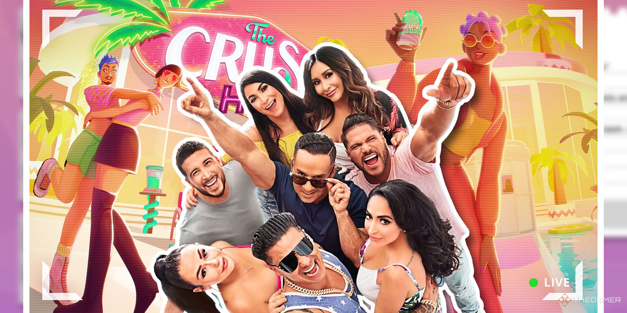 Art from The Crush House with the cast of Jersey Shore superimposed in the middle
