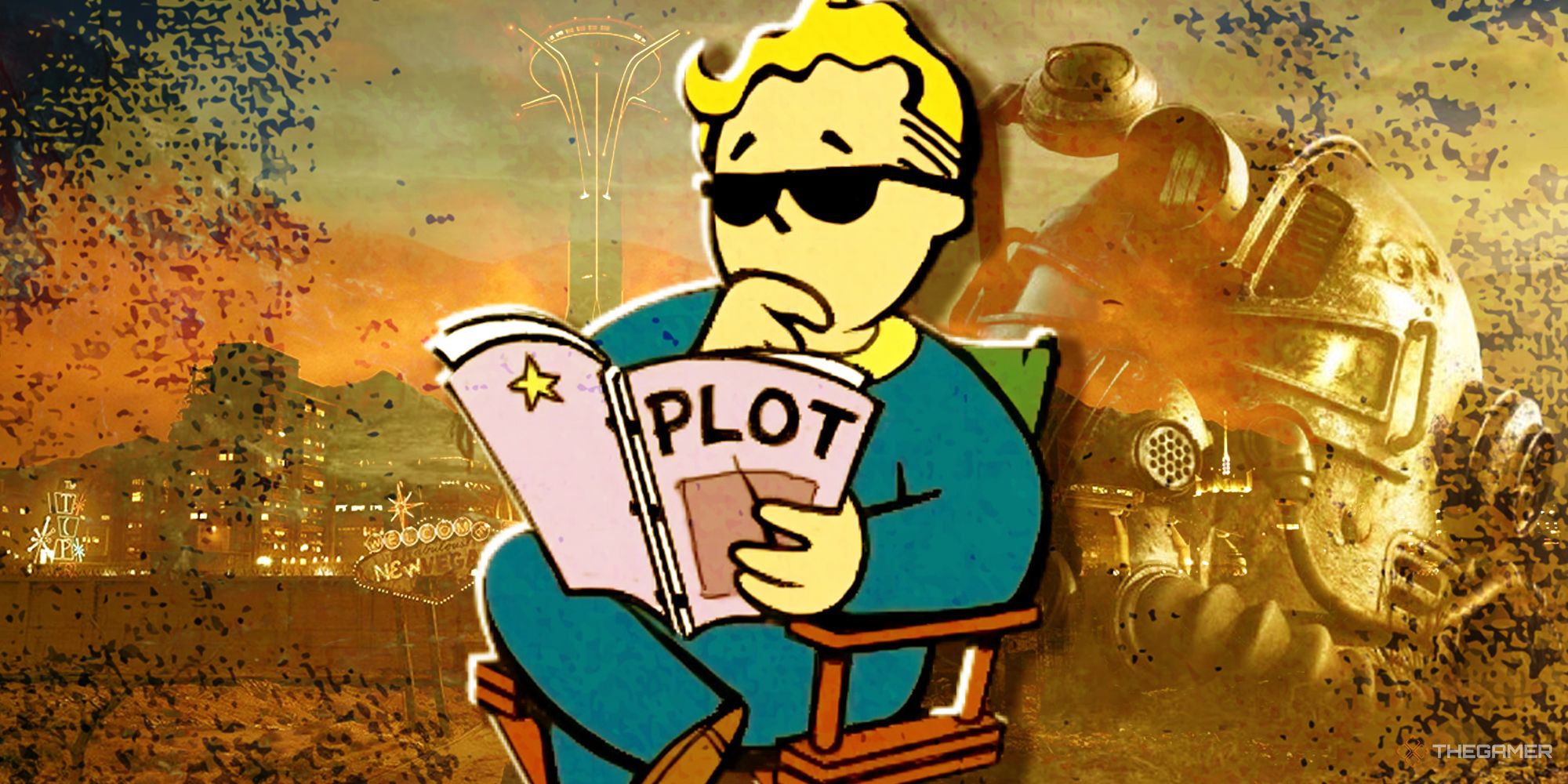 Vault Boy wearing sunglasses and sitting in a chair, reading a pink book that says plot. The background shows a city in the wasteland.