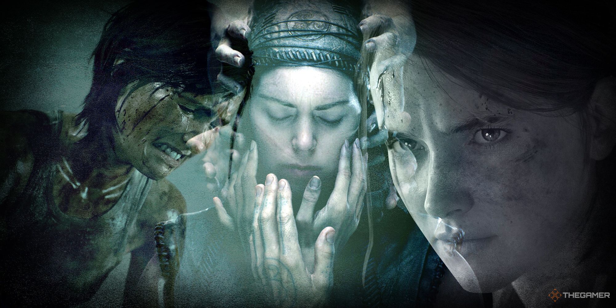 Senua in the middle with hands cradling her face, with a filthy, crying Ellie on the left and a determined Ellie on the right