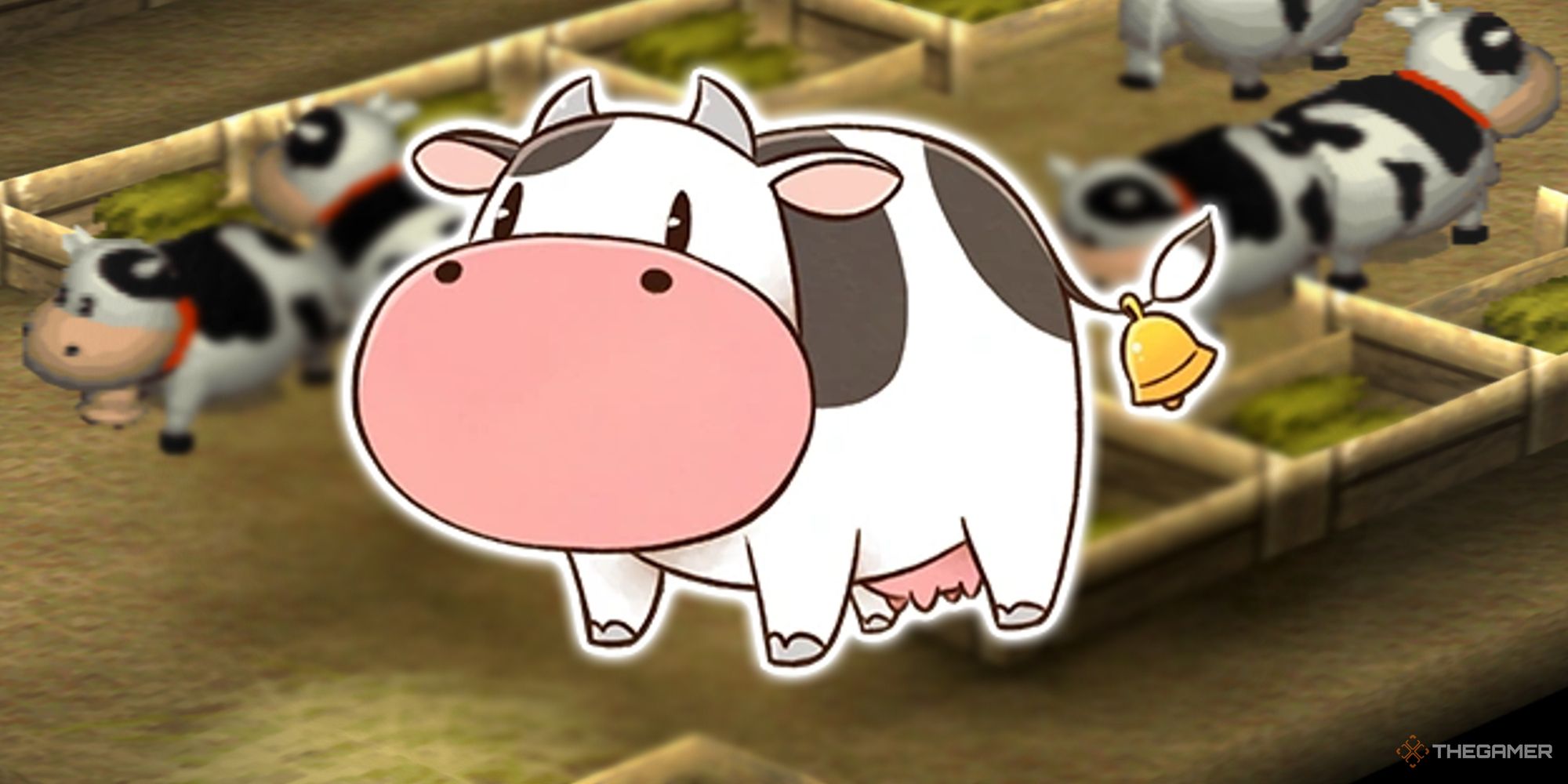 A Harvest Moon cow is displayed over a background consisting of yet more Harvest Moon cows.