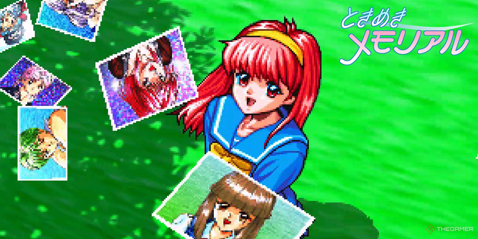 An anime girl with red hair watches pictures of other anime characters float by in the wind while dressed in a school uniform.
