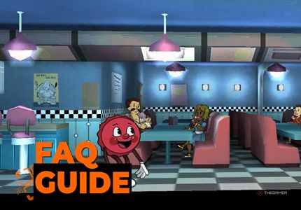 A diner in Fallout Shelter with cappy walking through it and the FAQ logo over the top. -1